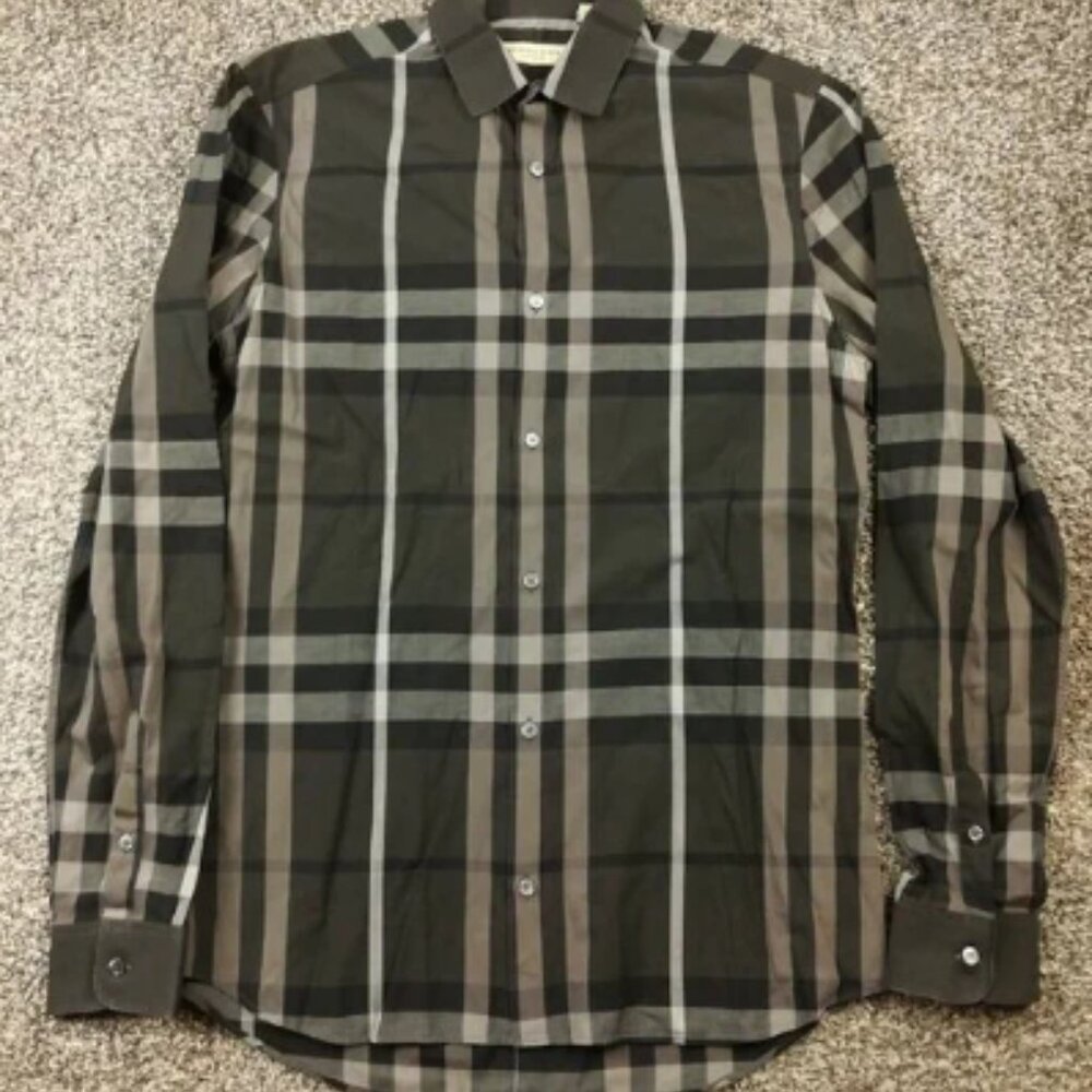 Burberry London Shirt Nova Check Plaid LS Button Up Gray Mens Small Tailored Fit